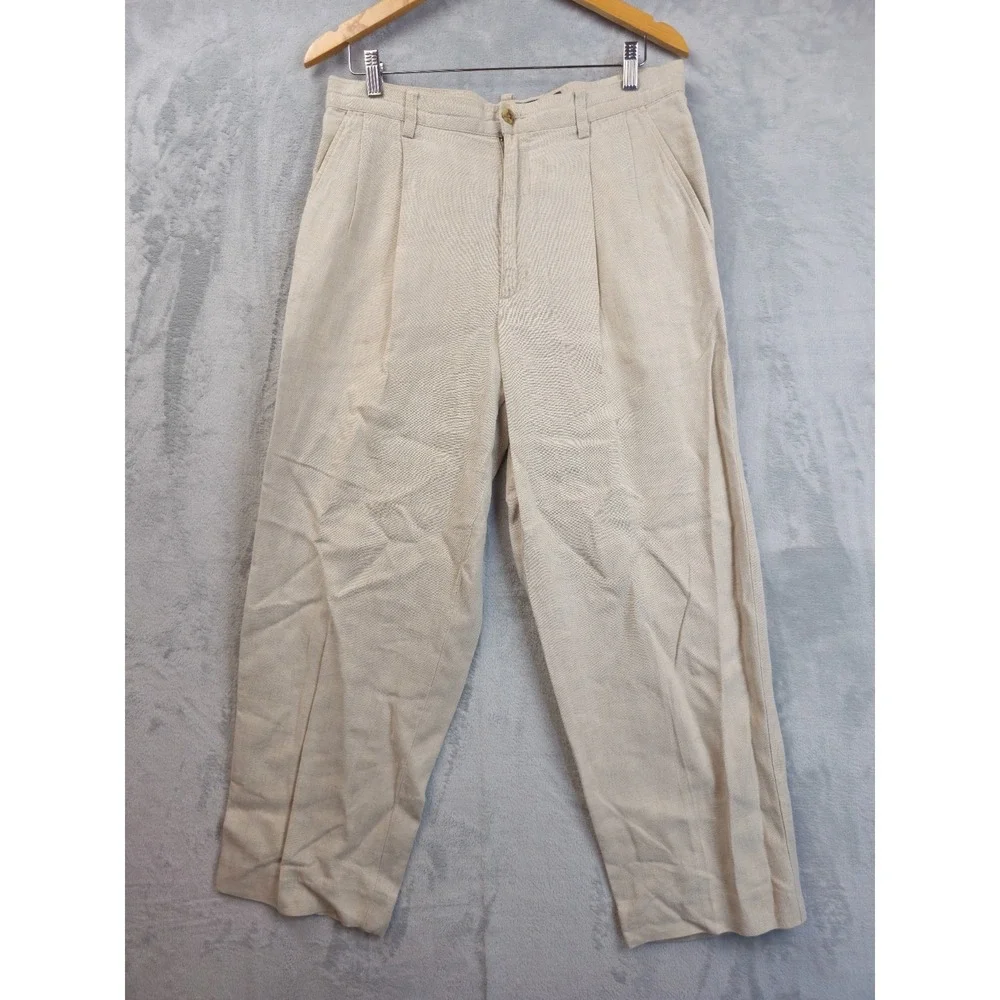 Eddie Bauer Linen Pants Mens 33x27 Khaki Pleated Lightweight Breathable 90's